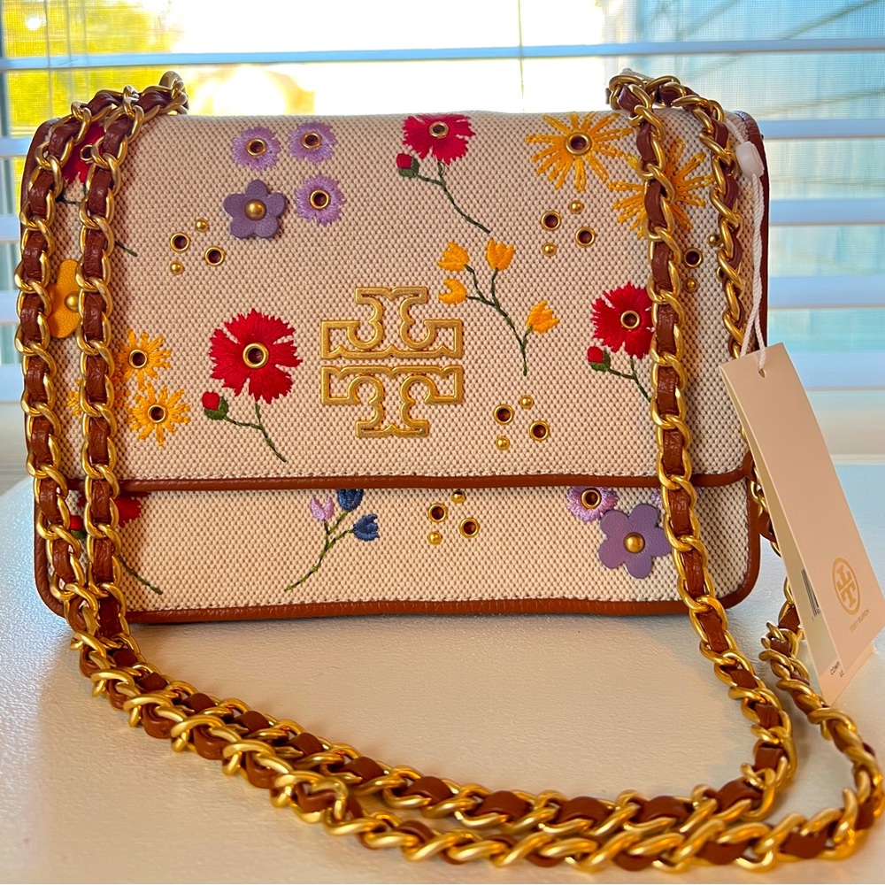 TORY BURCH BRITTEN Floral Chain Shoulder Bag Natural Brown Floral Pattern